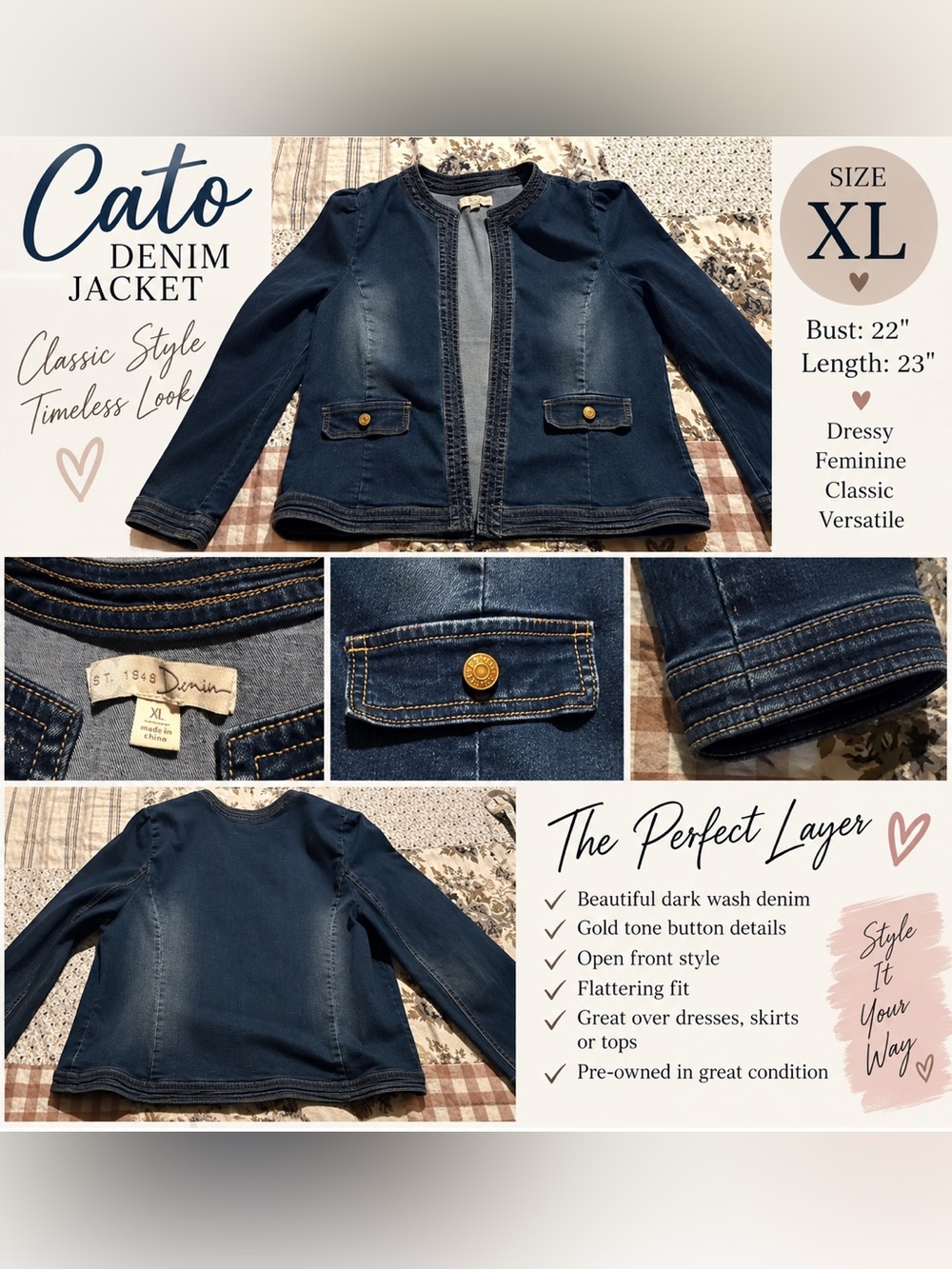 Cato Denim Jean Jacket Women’s XL Dressy Dark Wash Gold Stitching
